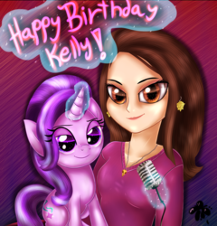 Size: 2500x2600 | Tagged: safe, artist:katakiuchi4u, starlight glimmer, pony, unicorn, g4, birthday, duo, female, glowing horn, happy birthday, high res, horn, kelly sheridan, lidded eyes, looking at you, magic, mare, microphone, smiling