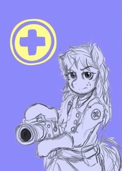 Size: 476x667 | Tagged: safe, artist:danteante, oc, oc only, oc:nahuelina, pony, unicorn, semi-anthro, bipedal, blue background, clothes, female, freckles, gloves, looking at you, mare, medic, medic (tf2), medigun, purple background, simple background, solo, team fortress 2, uniform