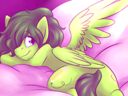 Size: 796x599 | Tagged: safe, artist:fizzy-dog, oc, oc only, pegasus, pony, bed, couch, on bed, solo