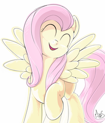 Size: 814x955 | Tagged: safe, artist:sea-maas, fluttershy, pegasus, pony, filli vanilli, g4, cute, female, flutterguy, happy, mare, shyabetes, simple background, smiling, solo, spread wings, wings