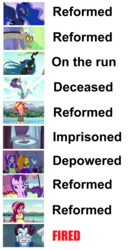 Size: 1000x1898 | Tagged: safe, adagio dazzle, aria blaze, discord, gloriosa daisy, king sombra, lord tirek, princess luna, principal abacus cinch, queen chrysalis, sonata dusk, starlight glimmer, sunset shimmer, alicorn, pony, unicorn, equestria girls, equestria girls specials, g4, my little pony equestria girls: legend of everfree, my little pony equestria girls: rainbow rocks, analysis, antagonist, comparison, every villain, fate, female, male, mare, stallion, the dazzlings