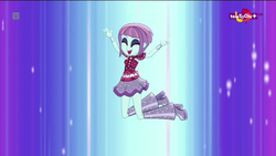 Size: 1024x577 | Tagged: safe, screencap, sunny flare, equestria girls, equestria girls specials, g4, my little pony equestria girls: dance magic, boots, clothes, dance magic (song), eyes closed, female, happy, high heel boots, jumping, open mouth, skirt, solo, teletoon, tutu