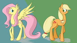 Size: 3840x2160 | Tagged: safe, artist:cloudyskieswrites, applejack, fluttershy, earth pony, pegasus, pony, g4, female, high res, lesbian, mare, ship:appleshy, shipping, spread wings, wings