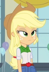 Size: 267x391 | Tagged: safe, screencap, applejack, equestria girls, g4, my little pony equestria girls, balloon, clothes, cowboy hat, cropped, female, freckles, hat, lidded eyes, solo, unamused