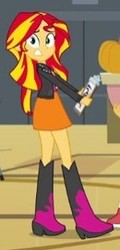 Size: 130x271 | Tagged: safe, screencap, sunset shimmer, equestria girls, g4, my little pony equestria girls, boots, clipboard, clothes, cropped, doors, female, high heel boots, jacket, leather jacket, looking at you, pumpkin, raised leg, scared, skirt, solo
