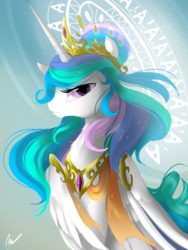 Size: 900x1200 | Tagged: safe, artist:nutty-stardragon, princess celestia, alicorn, pony, g4, female, hair bun, jewelry, looking at you, mare, regalia, solo