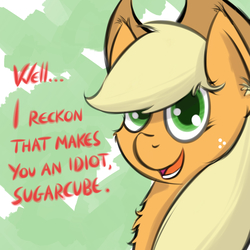 Size: 4000x4000 | Tagged: safe, artist:cloudyskieswrites, applejack, earth pony, pony, g4, abstract background, absurd resolution, brutal honesty, bust, colored pupils, dialogue, female, mare, portrait, solo