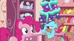 Size: 600x337 | Tagged: safe, screencap, cup cake, pinkie pie, earth pony, pony, g4, no second prances, animated, cake, female, food, gif, licking, tongue out, unamused