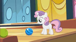 Size: 600x337 | Tagged: safe, screencap, sweetie belle, pony, g4, the cutie pox, animated, bowling ball, cute, diasweetes, female, gif, solo