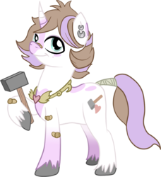 Size: 957x1048 | Tagged: safe, artist:schattenspielrex, oc, oc only, oc:hearth smith, pony, unicorn, bandage, ear piercing, earring, hammer, hoof hold, jewelry, male, offspring, parent:diamond tiara, parent:pipsqueak, parents:piptiara, piercing, simple background, solo, stallion, tail wrap, transparent background