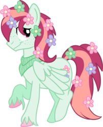 Size: 684x845 | Tagged: safe, artist:schattenspielrex, oc, oc only, oc:sweet stuff, pegasus, pony, flower, flower in hair, freckles, male, neckerchief, offspring, parent:big macintosh, parent:fluttershy, parents:fluttermac, simple background, solo, stallion, transparent background, unshorn fetlocks