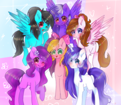 Size: 1200x1040 | Tagged: safe, artist:miraflower, artist:windymils, oc, oc only, earth pony, pegasus, pony, unicorn, bow, female, hair bow, mare