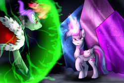 Size: 2977x2000 | Tagged: dead source, safe, artist:not-ordinary-pony, king sombra, princess cadance, princess celestia, princess luna, twilight sparkle, alicorn, pony, g4, alicorn tetrarchy, commission, confrontation, crystal, crystallized, female, force field, high res, looking at each other, male, mare, royal sisters, smiling, sombra eyes, stallion, twilight sparkle (alicorn)