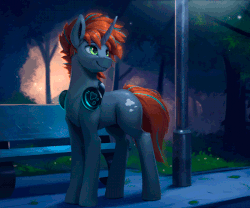 Size: 700x583 | Tagged: safe, artist:rodrigues404, oc, oc only, oc:thinker, pony, unicorn, animated, bench, cinemagraph, commission, gif, headphones, lamppost, male, park, smiling, solo, stallion