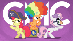 Size: 14852x8402 | Tagged: safe, artist:jhayarr23, apple bloom, scootaloo, sweetie belle, earth pony, pony, g4, hard to say anything, absurd resolution, agent rainbow head, charlie's angels, clown wig, cutie mark crusaders, female, filly, glasses, groucho mask, hat, mare, pirate hat, rainbow wig, spyrate, trio, wallpaper, wig