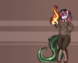 Size: 2700x2200 | Tagged: safe, artist:tokyone-chan, oc, oc only, unicorn, anthro, anthro oc, female, fire, high res, magic, one eye closed, pyromancy, solo, wink