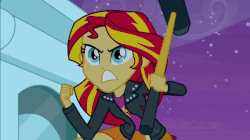 Size: 600x337 | Tagged: safe, screencap, sunset shimmer, equestria girls, g4, my little pony equestria girls, animated, clothes, female, gif, hammer, jacket, leather jacket, loop, pouting, skirt, sledgehammer, solo, worried