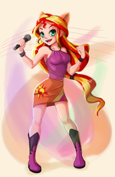 Size: 702x1080 | Tagged: safe, artist:the-park, sunset shimmer, human, equestria girls, g4, my little pony equestria girls: rainbow rocks, abstract background, armpits, beautiful, boots, breasts, clothes, cute, female, high heel boots, legs, looking at you, microphone, miniskirt, moe, ponied up, ponytail, shimmerbetes, skirt, sleeveless, solo, standing