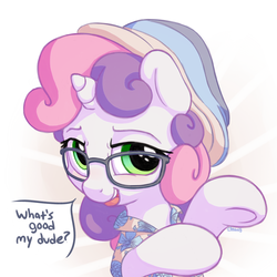 Size: 1100x1100 | Tagged: safe, artist:bobdude0, sweetie belle, pony, unicorn, g4, beanie, clothes, dialogue, female, filly, floral print, glasses, hat, shirt, solo