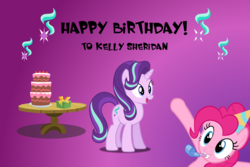 Size: 2268x1512 | Tagged: safe, artist:mandash1996, pinkie pie, starlight glimmer, g4, birthday, cake, cutie mark, food, gradient background, happy birthday, hat, kelly sheridan, party hat, party horn, present, purple background, table