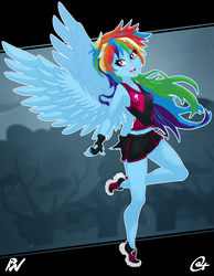 Size: 1480x1908 | Tagged: safe, artist:oatmeal, artist:pixel's workstation, rainbow dash, human, g4, clothes, female, gloves, humanized, shorts, solo, tank top, winged humanization, wings