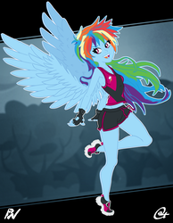 Size: 1480x1908 | Tagged: safe, artist:oatmeal, artist:pixel's workstation, rainbow dash, human, g4, clothes, female, gloves, humanized, pony coloring, shorts, solo, tank top, winged humanization, wings