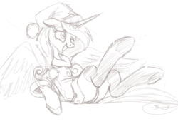 Size: 1280x960 | Tagged: safe, artist:raps, princess cadance, alicorn, pony, g4, christmas, clothes, costume, female, floppy ears, grin, holiday, monochrome, one eye closed, santa costume, sketch, smiling, solo, underhoof, wink
