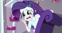 Size: 844x449 | Tagged: safe, screencap, rarity, equestria girls, equestria girls specials, g4, my little pony equestria girls: dance magic, bracelet, clothes, couch, crying, female, jewelry, open mouth, sad, skirt, solo, teletoon