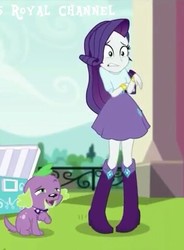 Size: 353x480 | Tagged: safe, screencap, rarity, spike, spike the regular dog, dog, equestria girls, equestria girls specials, g4, my little pony equestria girls: dance magic, boots, bracelet, clothes, cropped, high heel boots, jewelry, lidded eyes, looking up, puppy, shocked, skirt
