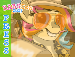 Size: 1275x975 | Tagged: safe, artist:lostinthetrees, oc, oc only, oc:golden gates, pony, babscon, babscon 2017, fear and loathing in las vegas, grin, hunter s. thompson, mouth hold, parody, pen, press badge, smiling