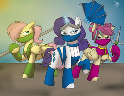 Size: 3300x2550 | Tagged: safe, artist:neaaaaah, fluttershy, rarity, sour sweet, pegasus, pony, unicorn, g4, alternate hairstyle, clothes, crossover, equestria girls ponified, fan, female, gloves, high res, jade (mortal kombat), kitana, mare, mask, mileena, mortal kombat, ponified, sai, staff