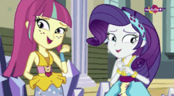 Size: 408x227 | Tagged: safe, screencap, rarity, sour sweet, equestria girls, equestria girls specials, g4, my little pony equestria girls: dance magic, animated, bracelet, cute, female, freckles, gif, heart, jewelry, laughing, laughingmares.jpg, loop, raribetes, sourbetes, teletoon