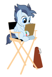 Size: 3225x4814 | Tagged: safe, artist:lostinthetrees, oc, oc only, oc:silver span, pegasus, pony, babscon, chair, clipboard, director's chair, high res, male, megaphone, pegasus oc, simple background, sitting, solo, stallion, transparent background