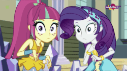 Size: 492x275 | Tagged: safe, screencap, rarity, sour sweet, equestria girls, equestria girls specials, g4, my little pony equestria girls: dance magic, animated, blinking, bracelet, clothes, duo, eye, eyes, female, freckles, gif, jewelry, loop, teletoon