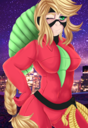 Size: 682x1000 | Tagged: safe, artist:iblisart, applejack, mistress marevelous, human, g4, breasts, city, clothes, costume, female, humanized, looking at you, night, one eye closed, power ponies, solo, wink