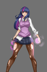 Size: 1280x1940 | Tagged: safe, artist:flutterbooty, twilight sparkle, human, g4, breasts, busty twilight sparkle, clothes, female, glowing hands, gun, handgun, humanized, legs, magic, miniskirt, nail polish, pantyhose, pistol, pleated skirt, ripped pantyhose, school uniform, shirt, simple background, skirt, smith & wesson, solo, sweater vest, thighs, torn clothes, vest