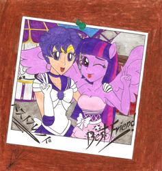 Size: 4703x4958 | Tagged: safe, artist:metaldudepl666, twilight sparkle, equestria girls, g4, absurd resolution, crossover, japanese, mizuno ami, one eye closed, peace sign, ponied up, sailor mercury, sailor moon (series), tongue out, traditional art, wink
