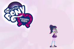 Size: 844x565 | Tagged: safe, edit, edited screencap, screencap, sci-twi, spike, spike the regular dog, twilight sparkle, dog, equestria girls, equestria girls specials, g4, clothes, glasses, logo, looking at you, mary janes, ponytail, shoes, skirt, socks