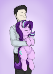 Size: 3295x4588 | Tagged: safe, artist:duop-qoub, starlight glimmer, human, pony, unicorn, g4, belly button, chest fluff, content, cute, ear fluff, eyes closed, female, fluffy, glimmerbetes, gradient background, happy, high res, holding a pony, hug, male, mare, pony pet, smiling, zen