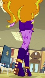 Size: 332x567 | Tagged: safe, screencap, adagio dazzle, normal norman, equestria girls, g4, my little pony equestria girls: rainbow rocks, ass, battle of the bands, boots, butt, chair, clock, clothes, cropped, doors, female, fingerless gloves, gloves, high heel boots, male, rear view, socks, solo focus, spikes, stockings, thigh highs