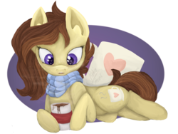 Size: 1689x1272 | Tagged: safe, artist:biskhuit, oc, oc only, oc:coffee, pony, clothes, coffee, female, mare, prone, scarf, solo