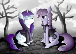 Size: 1280x914 | Tagged: dead source, safe, artist:archego-art, inky rose, rarity, pegasus, pony, unicorn, g4, honest apple, beatnik rarity, clothes, duo, eyes closed, female, mare, one eye closed, shoes, sitting, tree