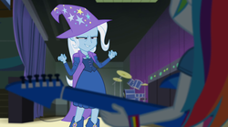 Size: 1280x714 | Tagged: safe, screencap, rainbow dash, trixie, equestria girls, g4, my little pony equestria girls: rainbow rocks, bracelet, cape, clothes, cymbals, drum kit, drums, fall formal outfits, female, hat, jewelry, legs, musical instrument, skirt, smiling, trixie's cape, trixie's hat, wristband