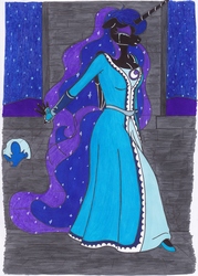 Size: 2483x3474 | Tagged: safe, artist:killerteddybear94, nightmare moon, alicorn, anthro, plantigrade anthro, g4, clothes, crying, dress, female, helmet, high heels, high res, night, sad, shoes, solo, stars, tears of pain, traditional art