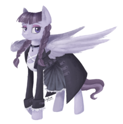 Size: 2520x2554 | Tagged: safe, artist:eljonek, inky rose, pegasus, pony, g4, honest apple, braid, clothes, female, goth, high res, jewelry, mare, simple background, solo, standing, wings