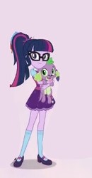 Size: 178x342 | Tagged: safe, edit, edited screencap, screencap, sci-twi, spike, spike the regular dog, twilight sparkle, dog, equestria girls, equestria girls specials, g4, bad edit, clothes, cropped, female, glasses, looking at you, mary janes, ponytail, puppy, purple background, shoes, simple background, skirt, smiling, socks, solo