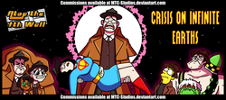 Size: 1024x453 | Tagged: safe, artist:drcrafty, oc, oc only, earth pony, pony, arnold schwarzenegger, atop the fourth wall, barely pony related, crisis on infinite earths, dc comics, eyes closed, female, glasses, hat, linkara, male, multiverse, ponified, rob liefeld, sad, stallion, stan lee, supergirl, the simpsons, thing tucker, title card