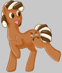 Size: 290x340 | Tagged: safe, artist:zephyr!, oc, oc only, oc:cinnamon bun, pony, cinnamon bun, cinnamon sticks, food, gray background, looking back, low res image, over done subject, simple background, solo, trotting
