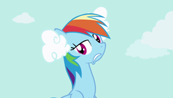 Size: 1920x1090 | Tagged: safe, screencap, rainbow dash, pony, g4, griffon the brush off, cloud, ear plugs, female, mare, solo