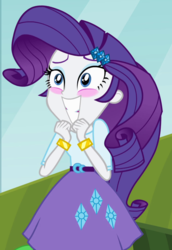 Size: 706x1028 | Tagged: safe, screencap, rarity, equestria girls, g4, my little pony equestria girls, blushing, bracelet, clothes, cropped, female, jewelry, skirt, smiling, solo